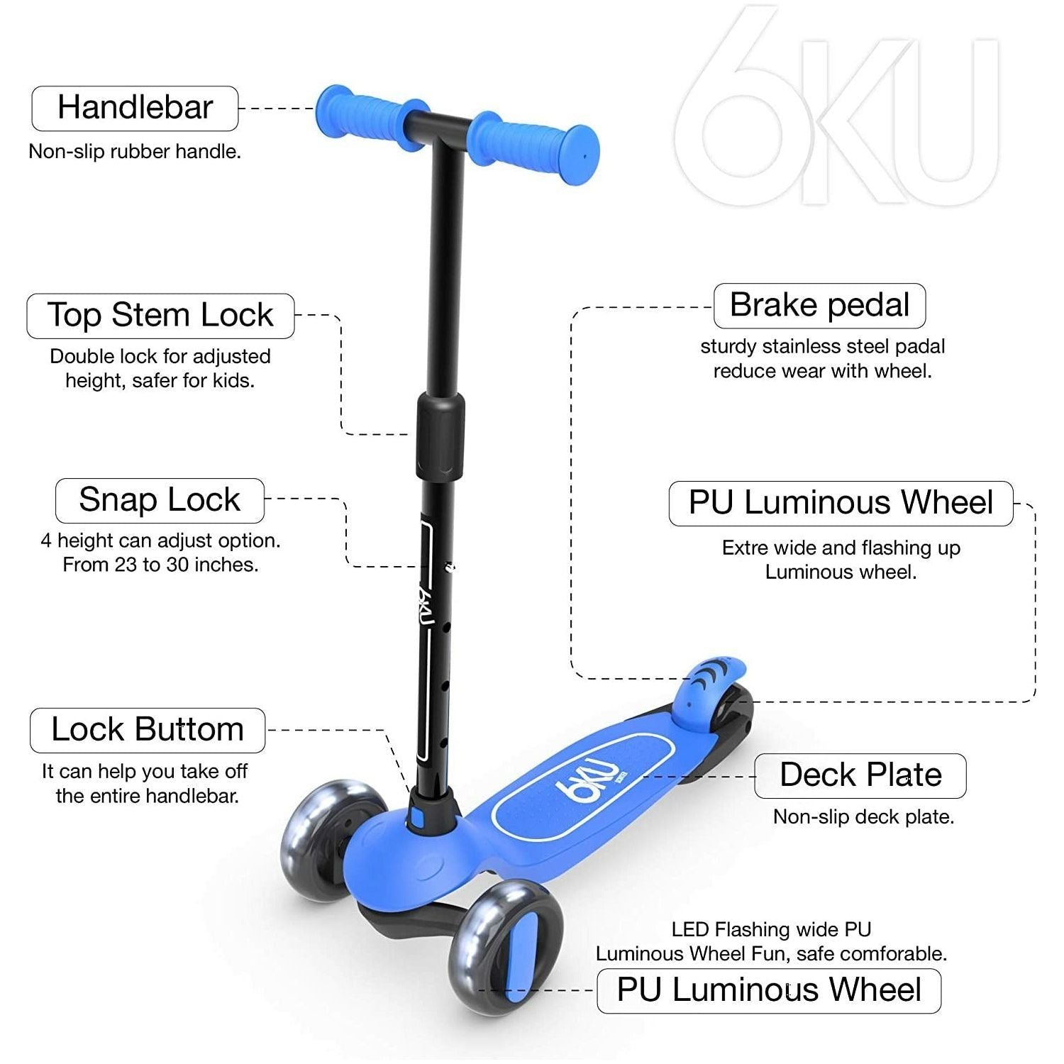 6KU 3 Wheel Flash LED Lights and 4 Adjustable Height Blue Age- 3 Years to 8 Years (Holds upto 50 Kgs)