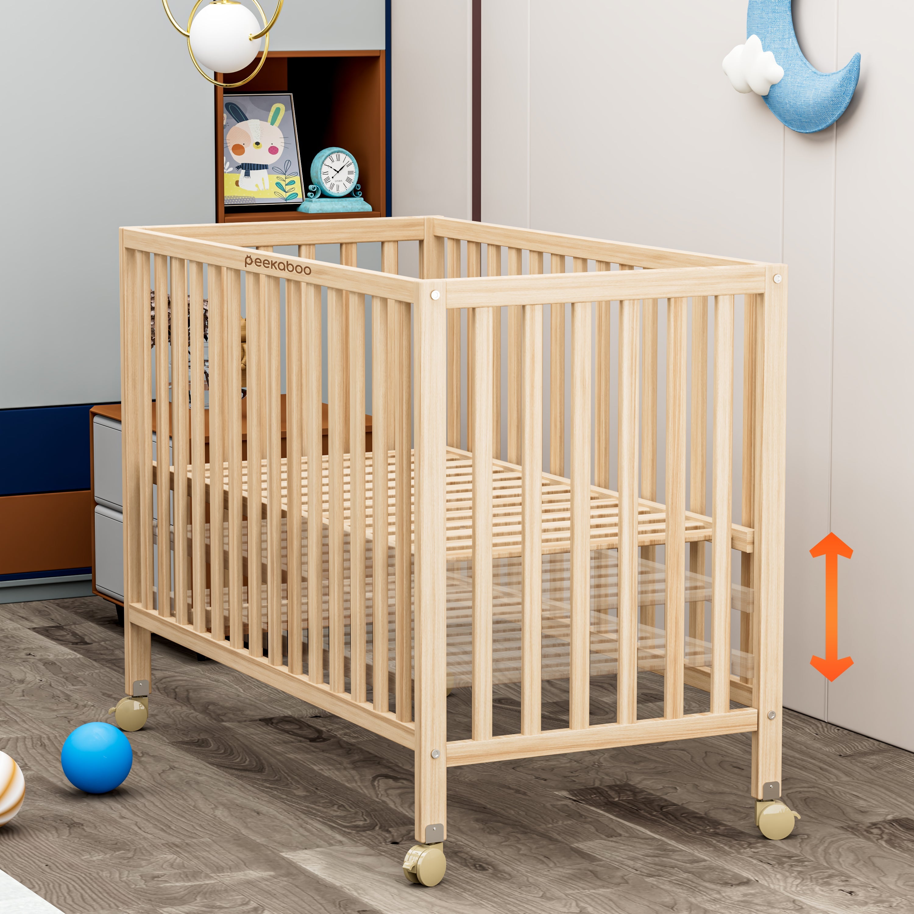 Peekaboo Wooden Cot/ Crib Bed with 3 Level Height Adjustment & Mosquito Net Natural Wood Age- Newborn to 4 Years (Holds upto 50 Kgs)