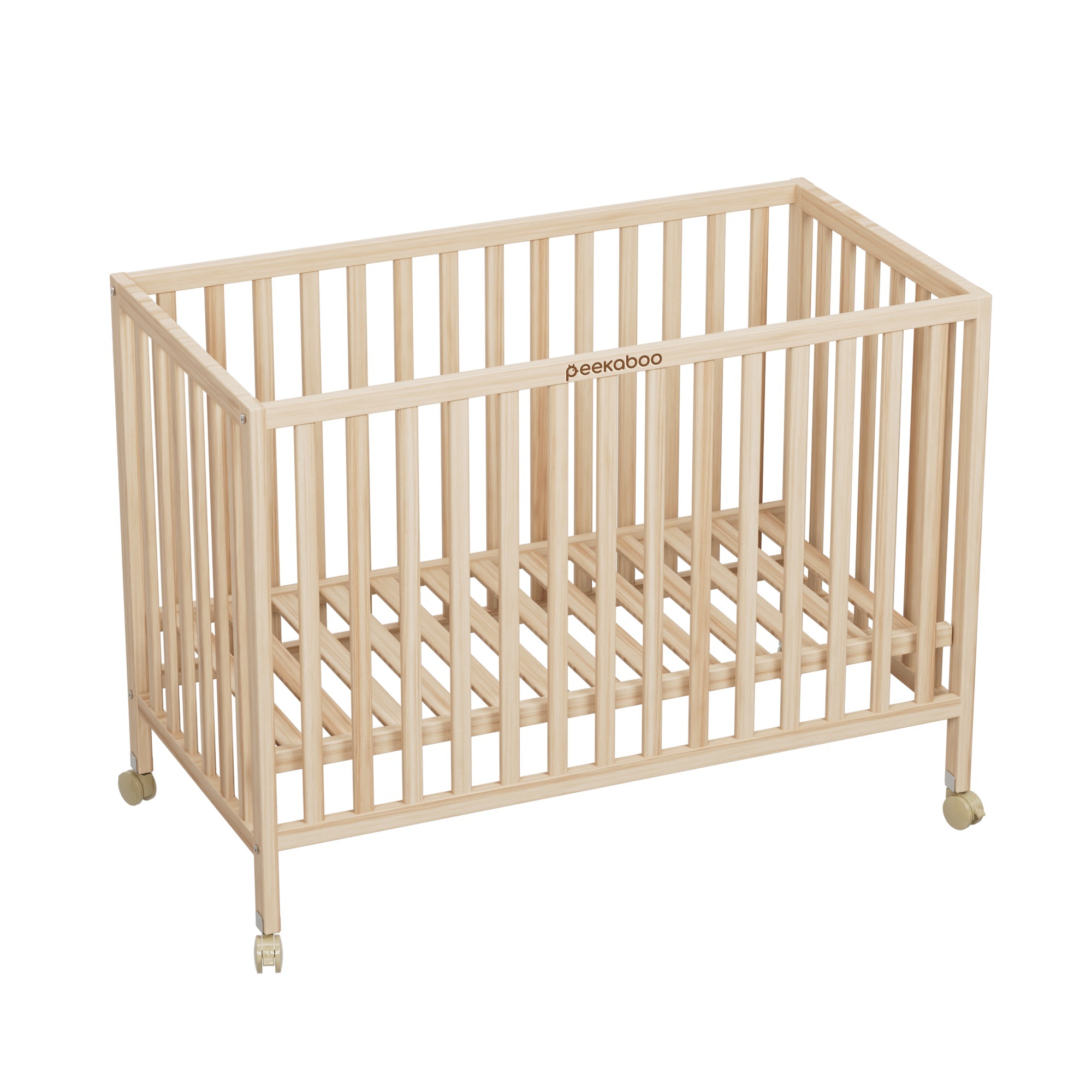 Peekaboo Wooden Cot/ Crib Bed with 3 Level Height Adjustment & Mosquito Net Natural Wood Age- Newborn to 4 Years (Holds upto 50 Kgs)