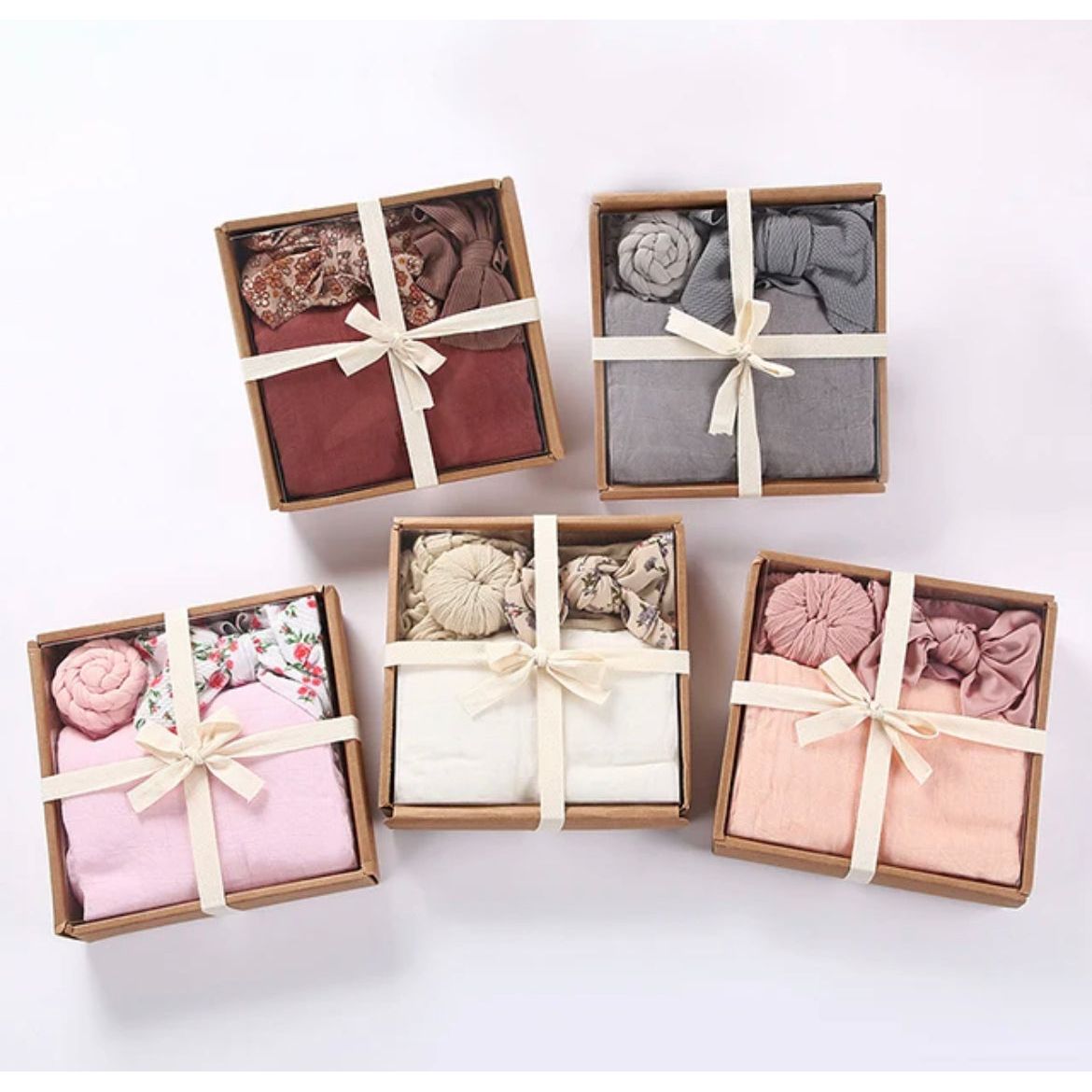 Pibi Infants Gift Set of 3 in a Box (Swaddle, Bowknot Hairband, Turban) Dp060 Assorted Age- Newborn to 12 Months