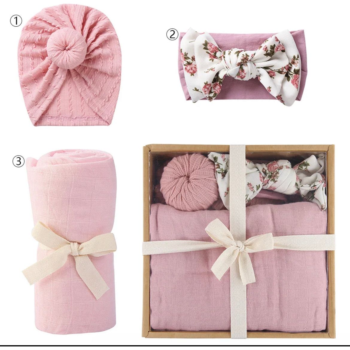 Pibi Infants Gift Set of 3 in a Box (Swaddle, Bowknot Hairband, Turban) Dp060 Assorted Age- Newborn to 12 Months