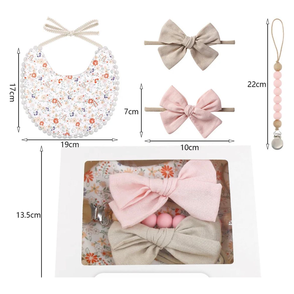 Pibi Infants Gift Set of 4 in a Box (Bib, 2 Bowknot Hairband & Pacifier Clip) Dp059 Assorted Age- Newborn to 12 Months