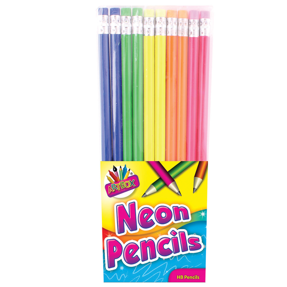 Artbox Neon Hb Pencils Eraser Tips Assorted 10 Pack Age3 Years & Above