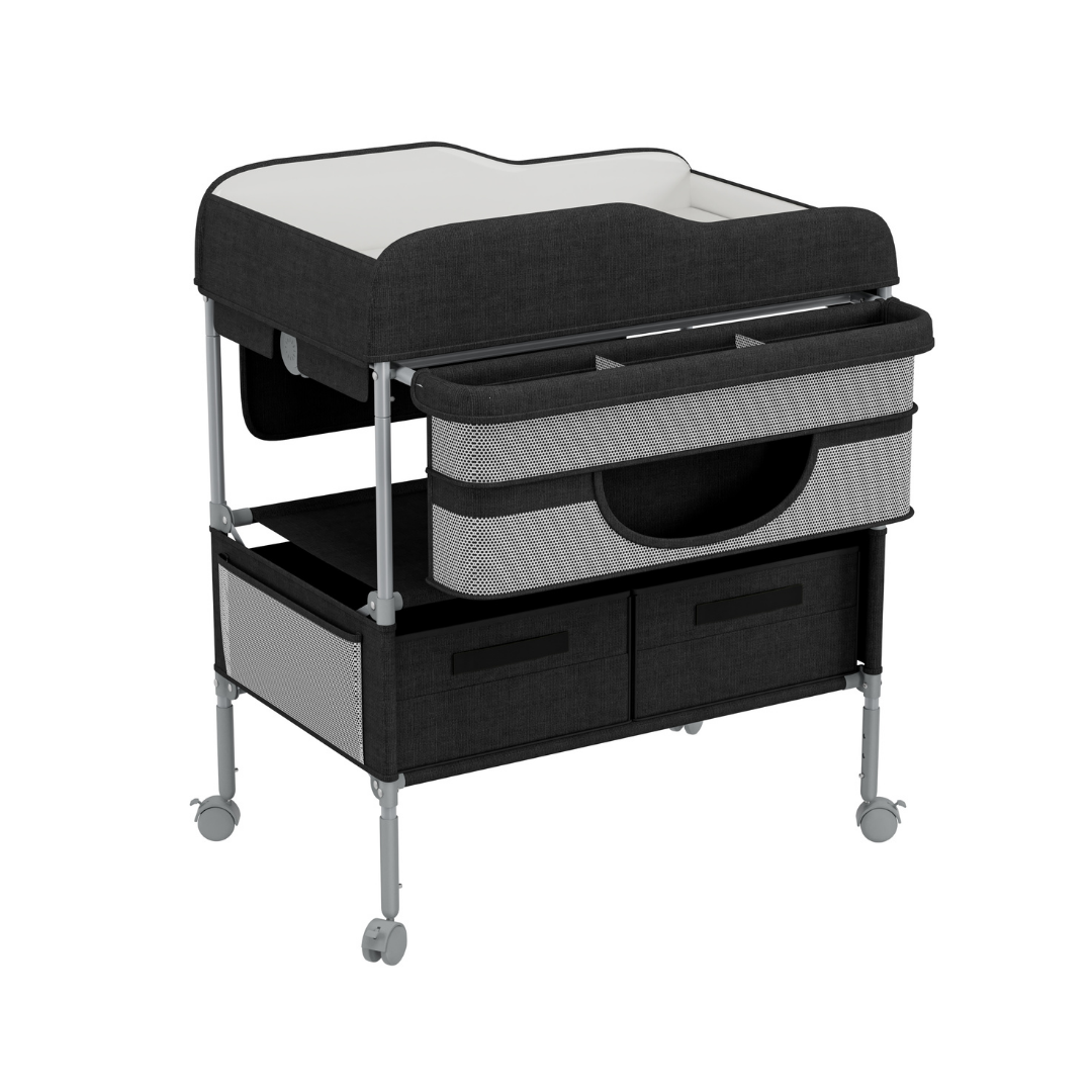 Pibi Baby Folding Changing Table with Height Adjustable Baby Changing Table with Storage Shelves, Lockable Wheels & Folding Design Grey Age- Newborn & Above