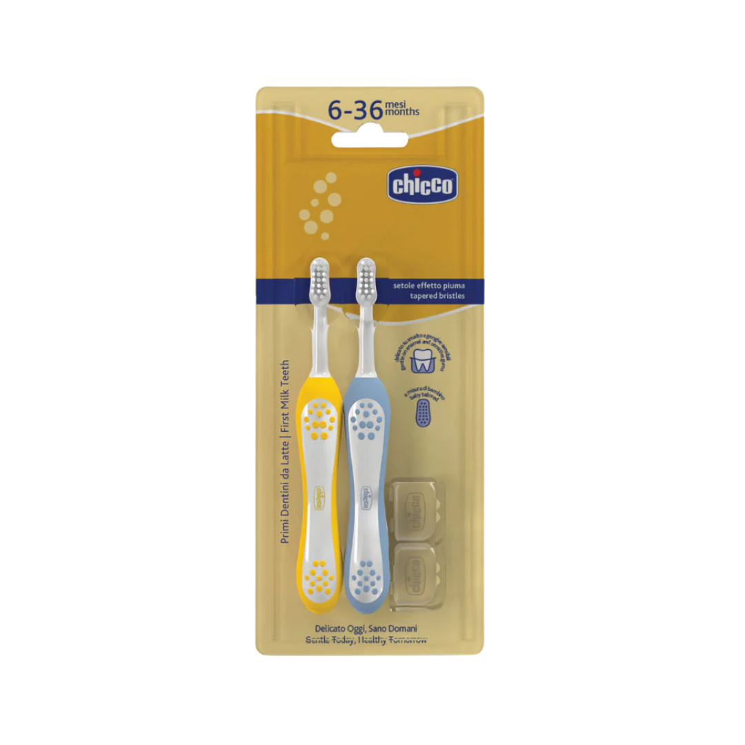 Chicco First Teeth  Toothbrushes Pack of 2 Yellow/Blue Age- Mustard Yellow/Indigo Blue