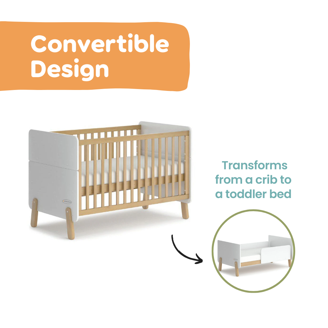 Peekaboo s 2 In 1 Wooden Convertible Crib Baby Cot Toddler Bed White Age Newborn to 5 Years Peekaboo