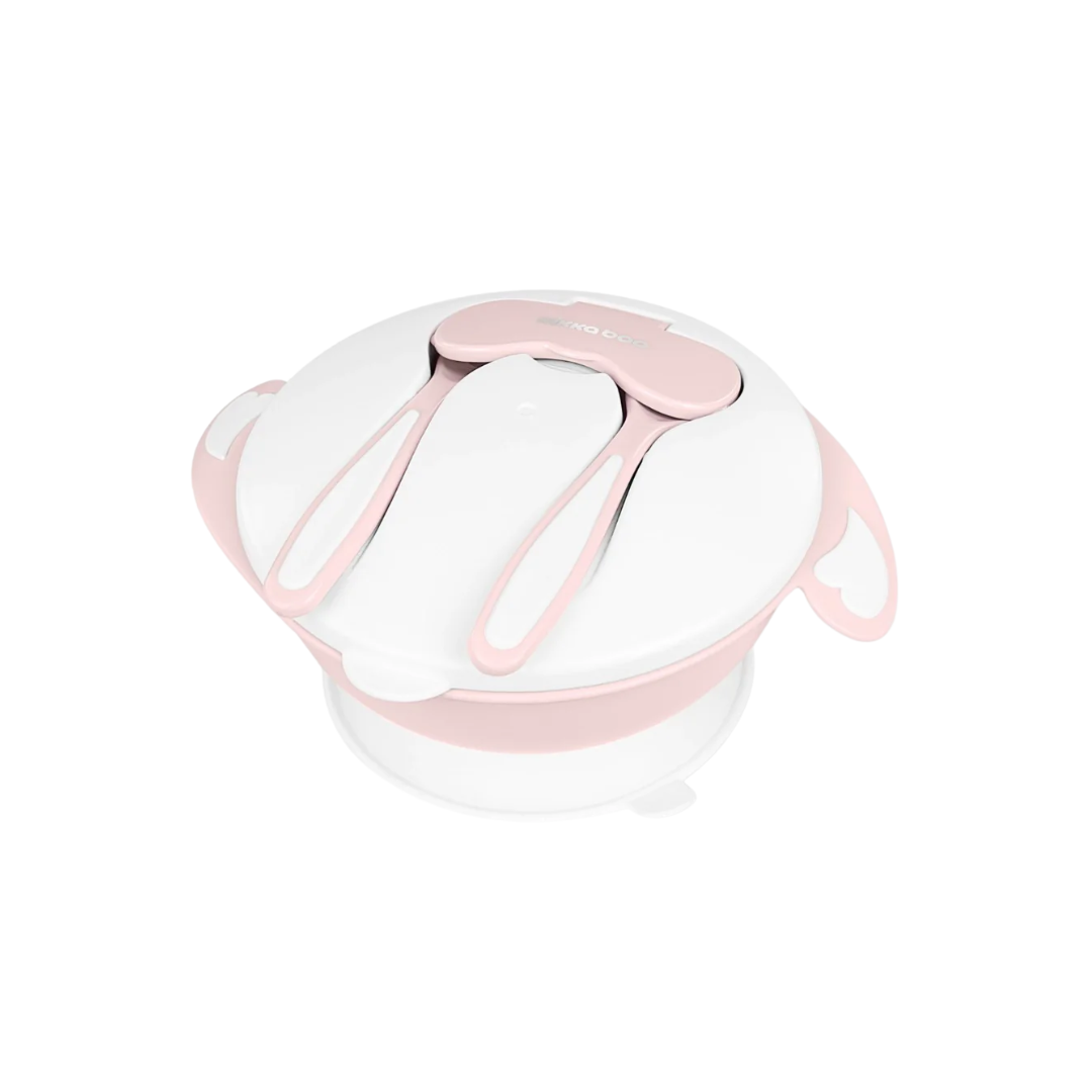 Kikkaboo 4-in-1 Snack Bowl with Fork & Spoon Pink/White Age- 6 Months & Above