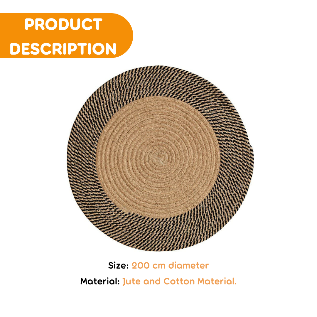 Peekaboo Hand Woven Natural Jute Carpet/ Baby Play Mat (200 cm Diameter) Natural with Black Border