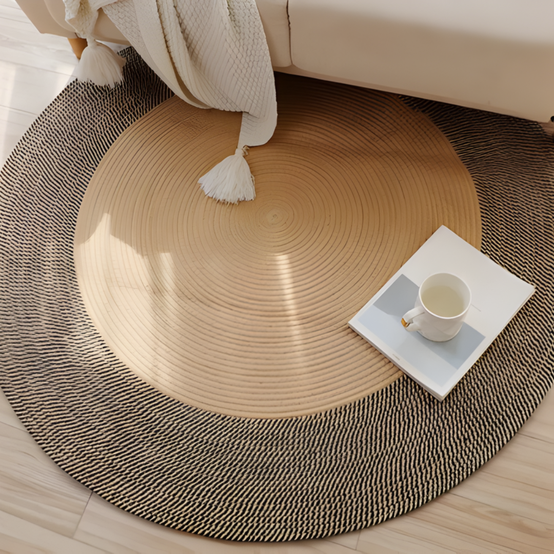 Peekaboo Hand Woven Natural Jute Carpet/ Baby Play Mat (200 cm Diameter) Natural with Black Border