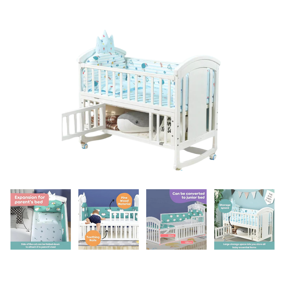 Pibi 3 in 1 Rocking Cot Cum Junior Bed White Age- Newborn to 5 Years