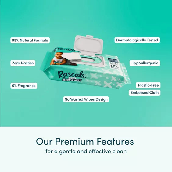 Rascals Premium Baby Sensitive Wipes Pack of 624 (12 x 52) Age- Newborn & Above