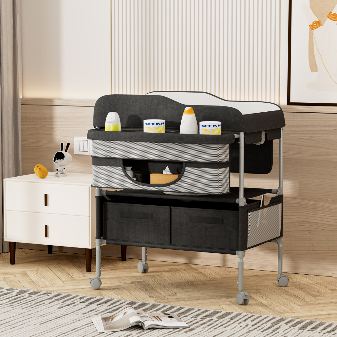 Pibi Baby Folding Changing Table with Height Adjustable Baby Changing Table with Storage Shelves, Lockable Wheels & Folding Design Grey Age- Newborn & Above