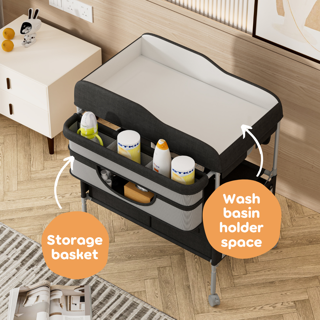 Pibi Baby Folding Changing Table with Height Adjustable Baby Changing Table with Storage Shelves, Lockable Wheels & Folding Design Grey Age- Newborn & Above