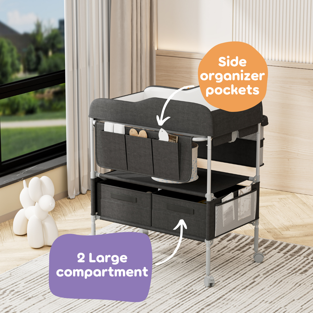 Pibi Baby Folding Changing Table with Height Adjustable Baby Changing Table with Storage Shelves, Lockable Wheels & Folding Design Grey Age- Newborn & Above
