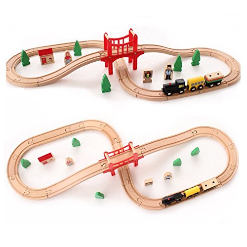 Acool Toys 8-Inch Wooden Train Track Layout Set of 37 Multicolor