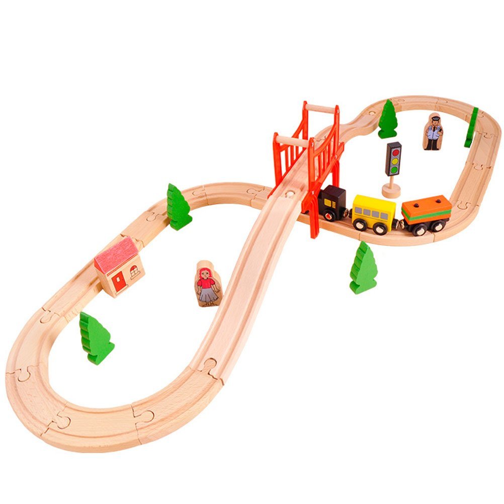Acool Toys 8-Inch Wooden Train Track Layout Set of 37 Multicolor
