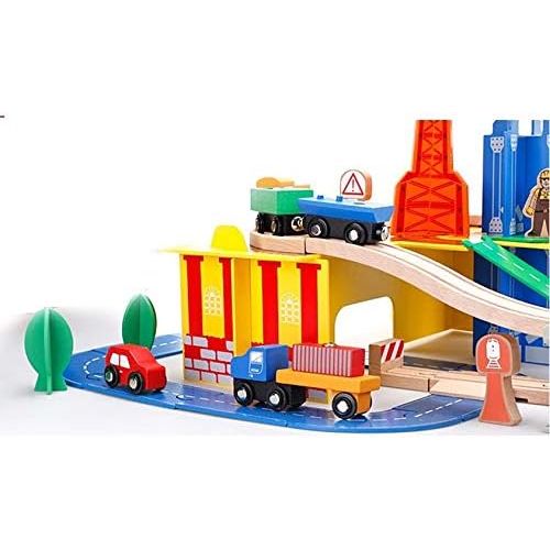 Acool Toys 80-Piece Two Level Wooden Road & Train Track Railway Construction Set Multicolor Age- 3 Years & Above