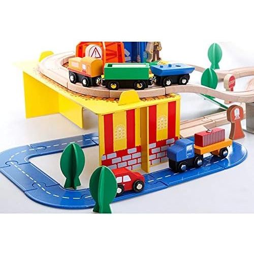 Acool Toys 80-Piece Two Level Wooden Road & Train Track Railway Construction Set Multicolor Age- 3 Years & Above