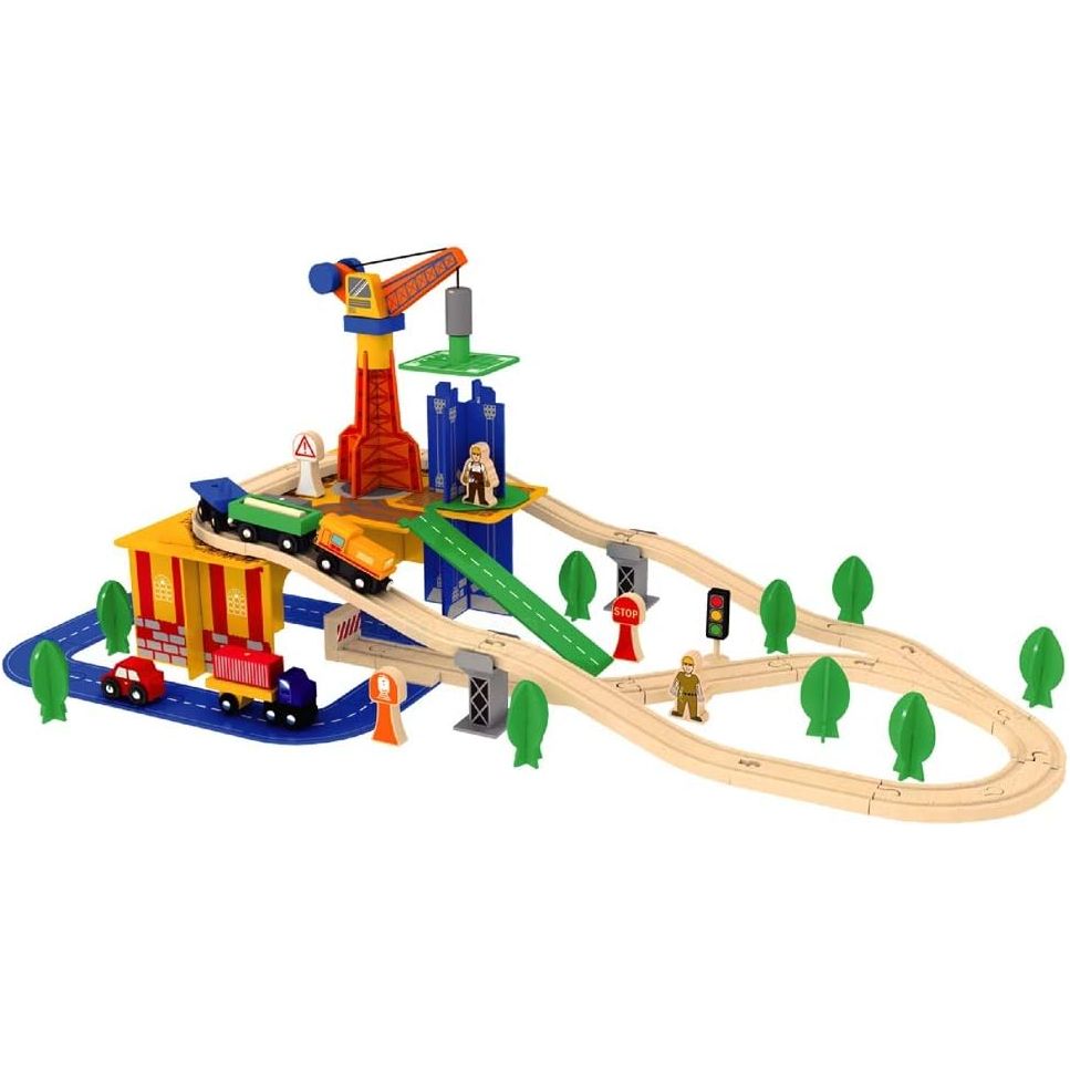 Acool Toys 80-Piece Two Level Wooden Road & Train Track Railway Construction Set Multicolor Age- 3 Years & Above
