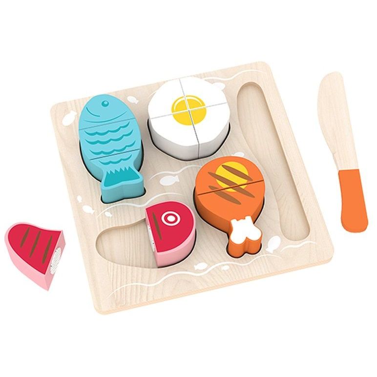 Acool Toys Wooden  Flat Meat Dish Cutting Role Play Set of 6 Multicolor  Age- 18 Months & Above
