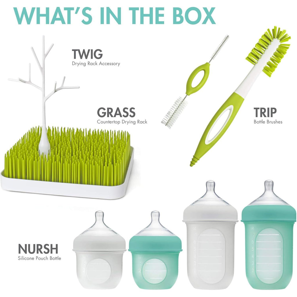 Boon NURSH Silicone Bottles and Grass Bundle Bottles & Cleaning Accessories Starter Set Age- Newborn & Above