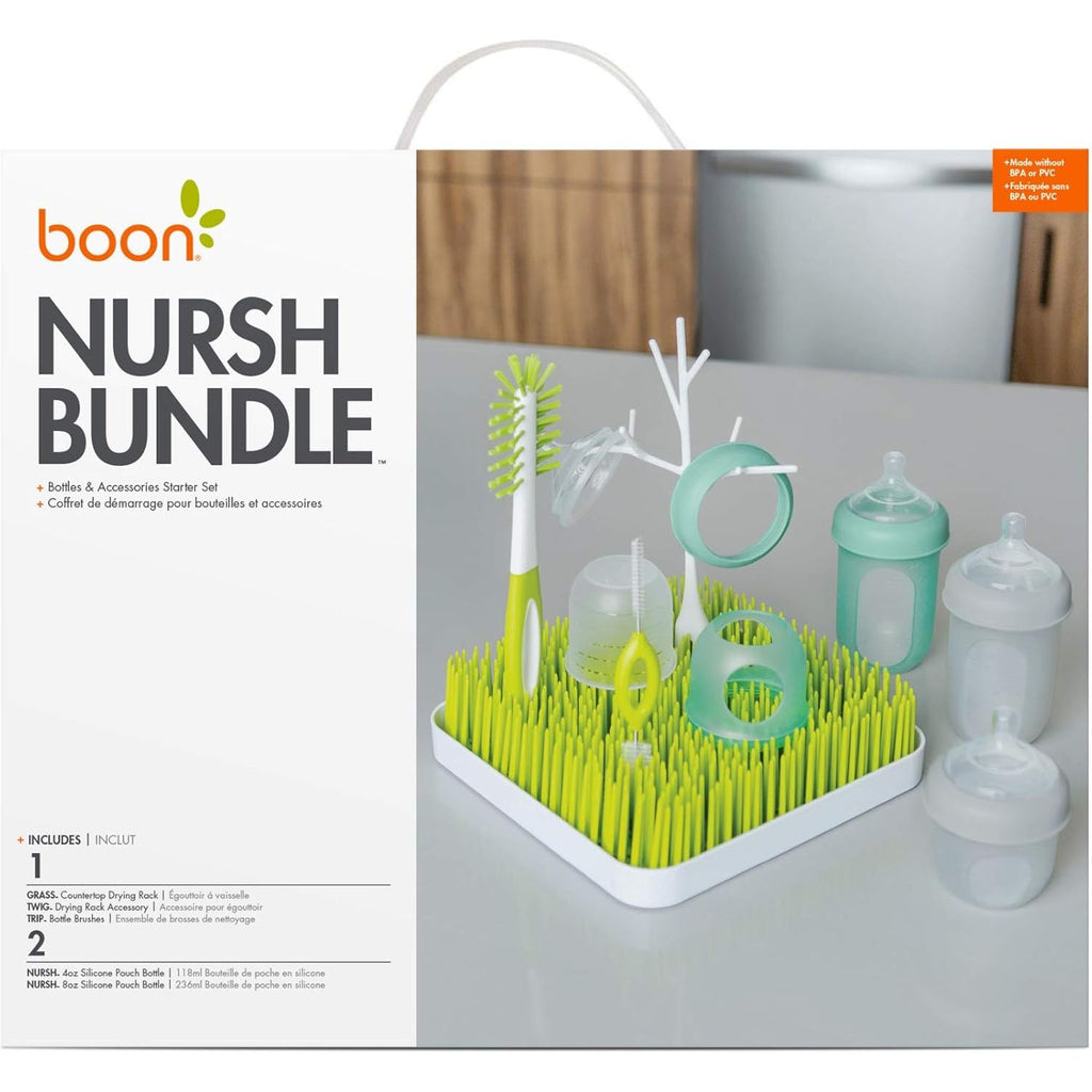 Boon NURSH Silicone Bottles and Grass Bundle Bottles & Cleaning Accessories Starter Set Age- Newborn & Above