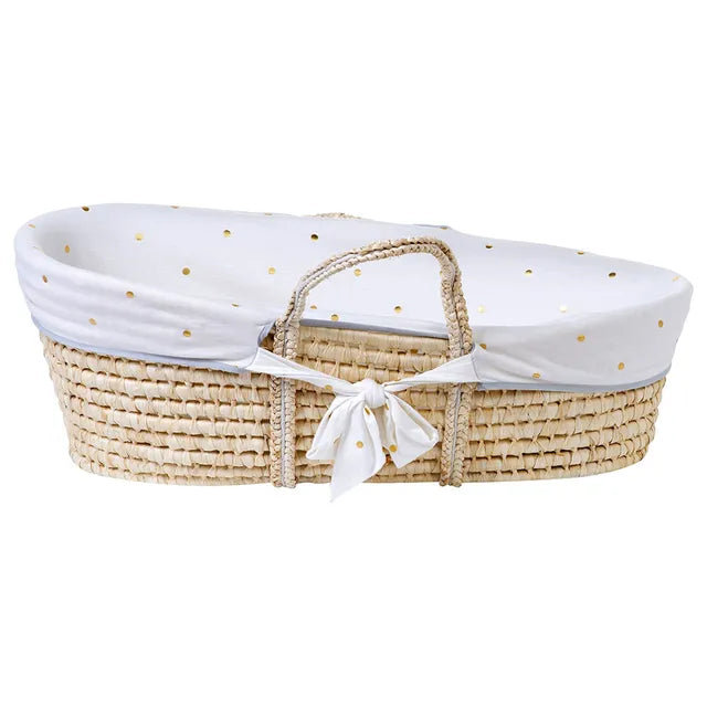 Childhome Bundle Moses Basket + Mattress + Cover Gold Dots White Brown MBSR3CJGD Age- Newborn up to 6 Months (Holds upto 8 kg)