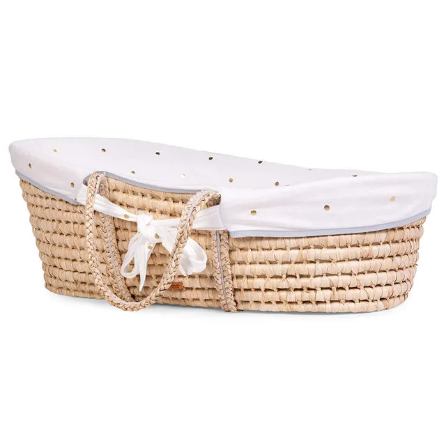 Childhome Bundle Moses Basket + Mattress + Cover Gold Dots White Brown MBSR3CJGD Age- Newborn up to 6 Months (Holds upto 8 kg)