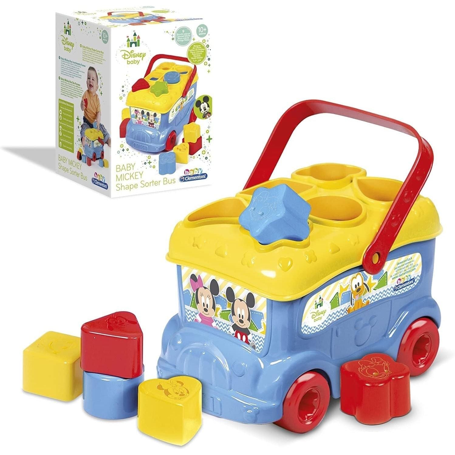 Clementoni Disney Baby Mickey Mouse 2-In-1 Shape Sorter Bus 9 Colorful Insert Shapes CL14395 Age- 10 Months & Above