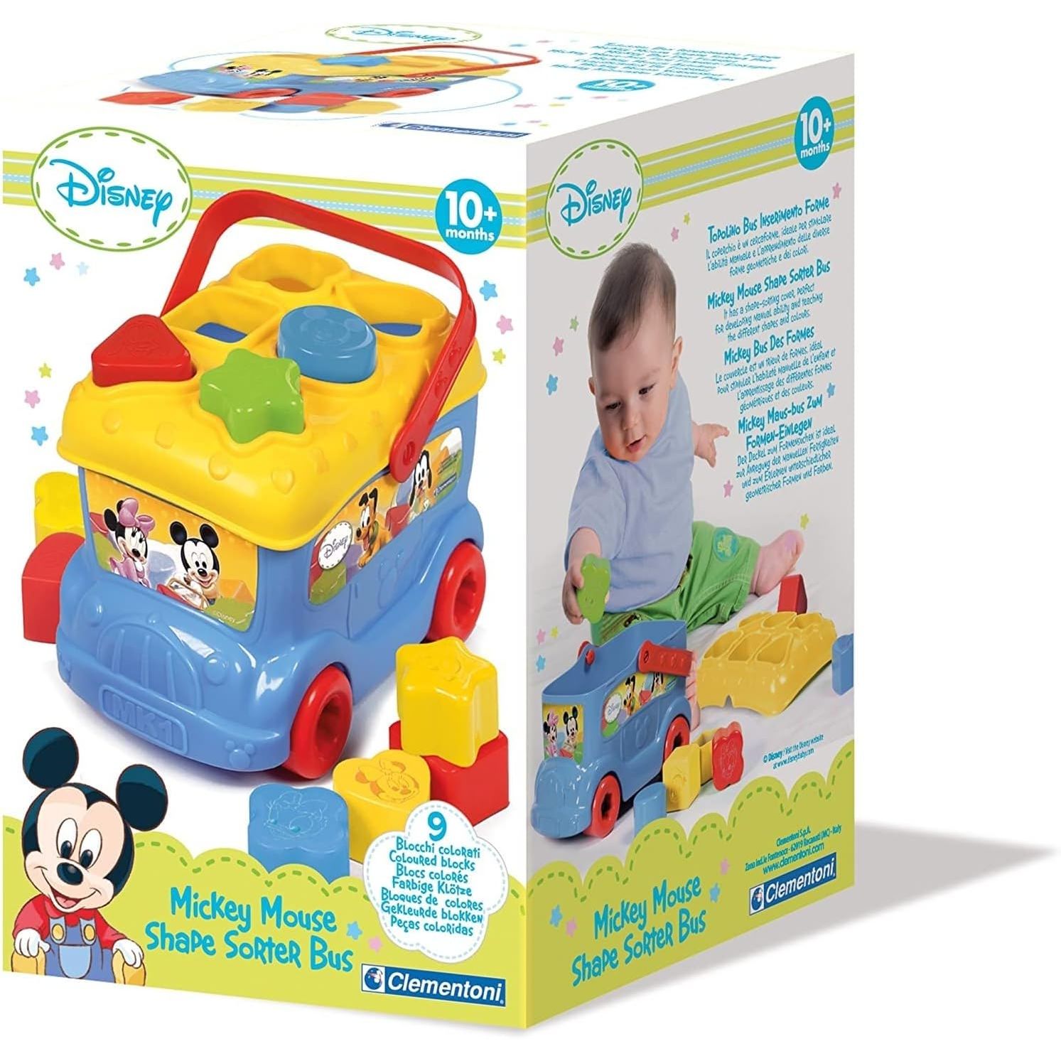 Clementoni Disney Baby Mickey Mouse 2-In-1 Shape Sorter Bus 9 Colorful Insert Shapes CL14395 Age- 10 Months & Above