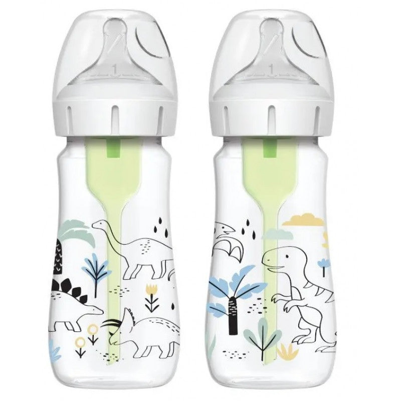 Dr Brown 270 ML Wide Neck Options+ Feeding Bottle, Multi Dinosaurs Pack of 2 Age- 3 Months & Above