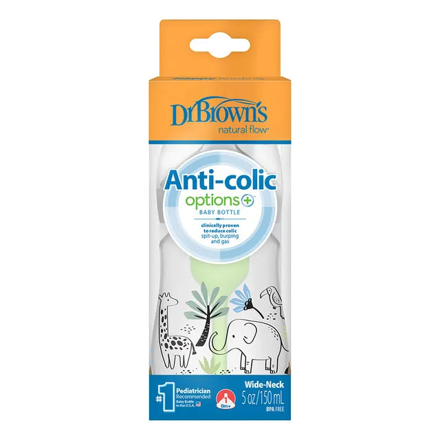 Dr Brown's 5 oz/150 mL PP W-N Anti-Colic Options+ Designer Bottle, Jungle Elephant Design, 1-Pack Age- Newborn & ABove