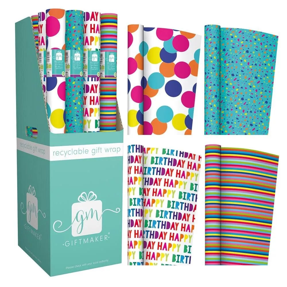 Giftmaker Recyclable Brights Happy Birthday Gift Wrap Cdu Assorted