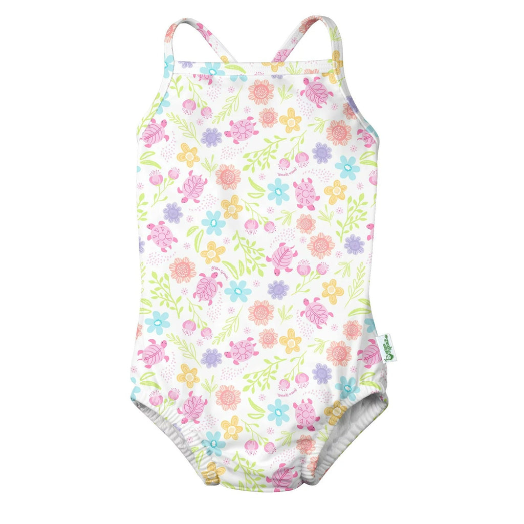 Green Sprouts Swimsuit with Built in Reusable Absorbent Swim Diaper White Turtle Floral 713159 037 43 Age 6 Months & Above
