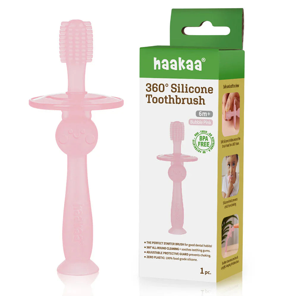 Haakaa 360° Silicone Toothbrush - Bubble Pink Age-6 Months & Above