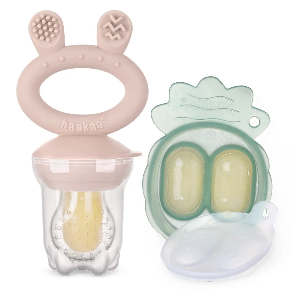 Haakaa Freeze-N-Feed Mini Combo with Silicone Food Feeder & Silicone Mini Nibble Feeder + Pea Green Tray Blush Pink Age- 3 Months & Above