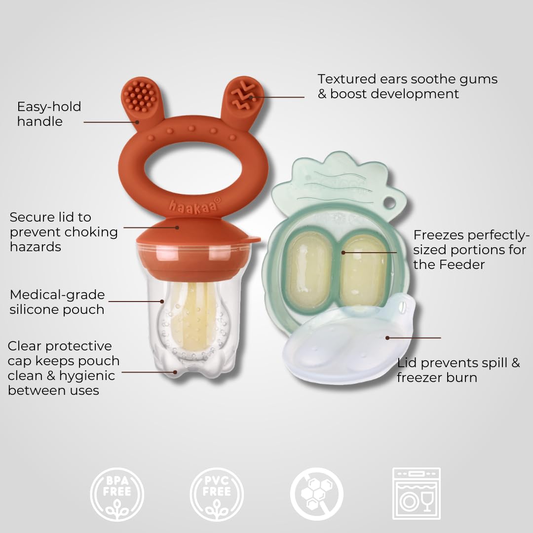 Haakaa Freeze-N-Feed Mini Combo with Silicone Food Feeder & Silicone Mini Nibble Feeder + Pea Green Tray Copper Age- 3 Months & Above