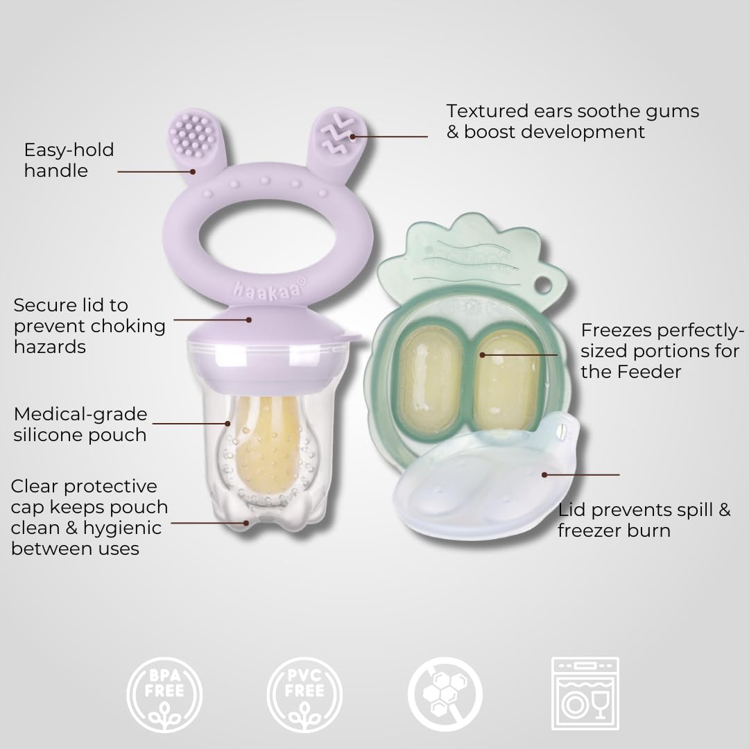 Haakaa Freeze-N-Feed Mini Combo with Silicone Food Feeder & Silicone Mini Nibble Feeder + Pea Green Tray Lavender Age- 3 Months & Above
