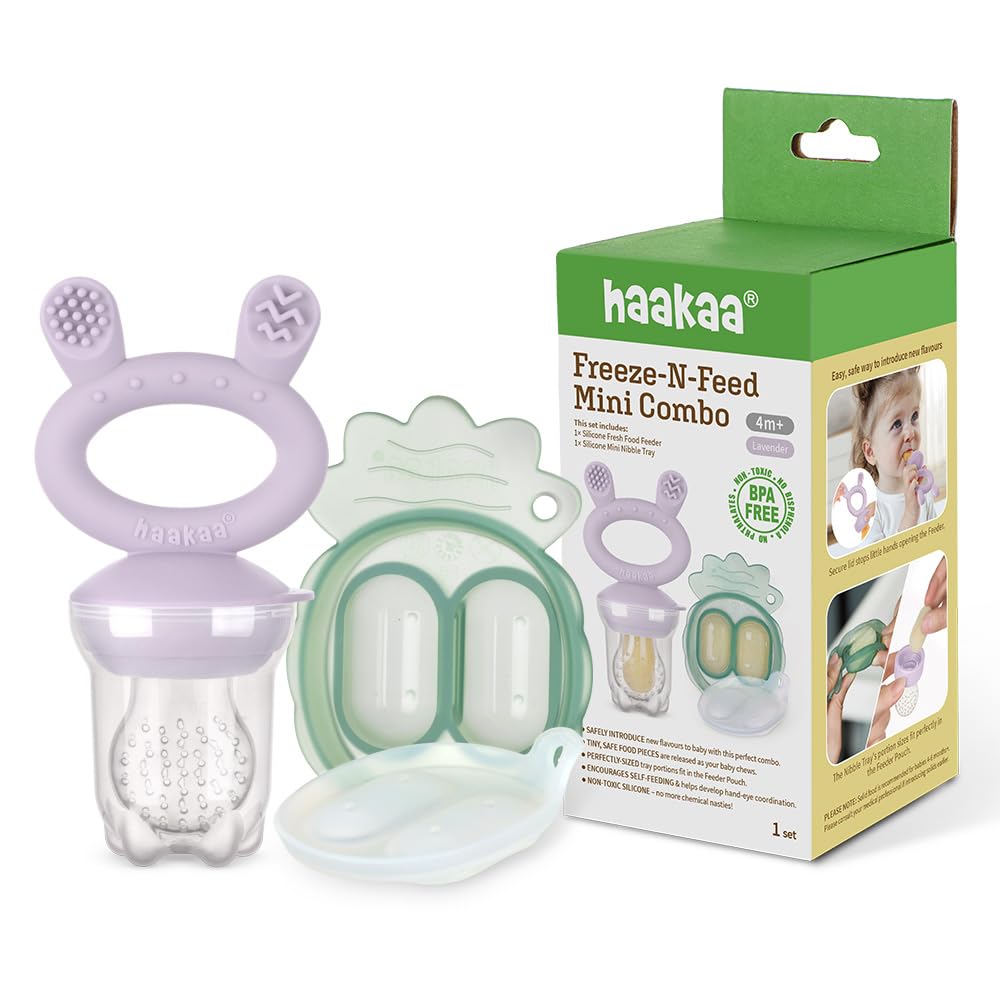 Haakaa Freeze-N-Feed Mini Combo with Silicone Food Feeder & Silicone Mini Nibble Feeder + Pea Green Tray Lavender Age- 3 Months & Above