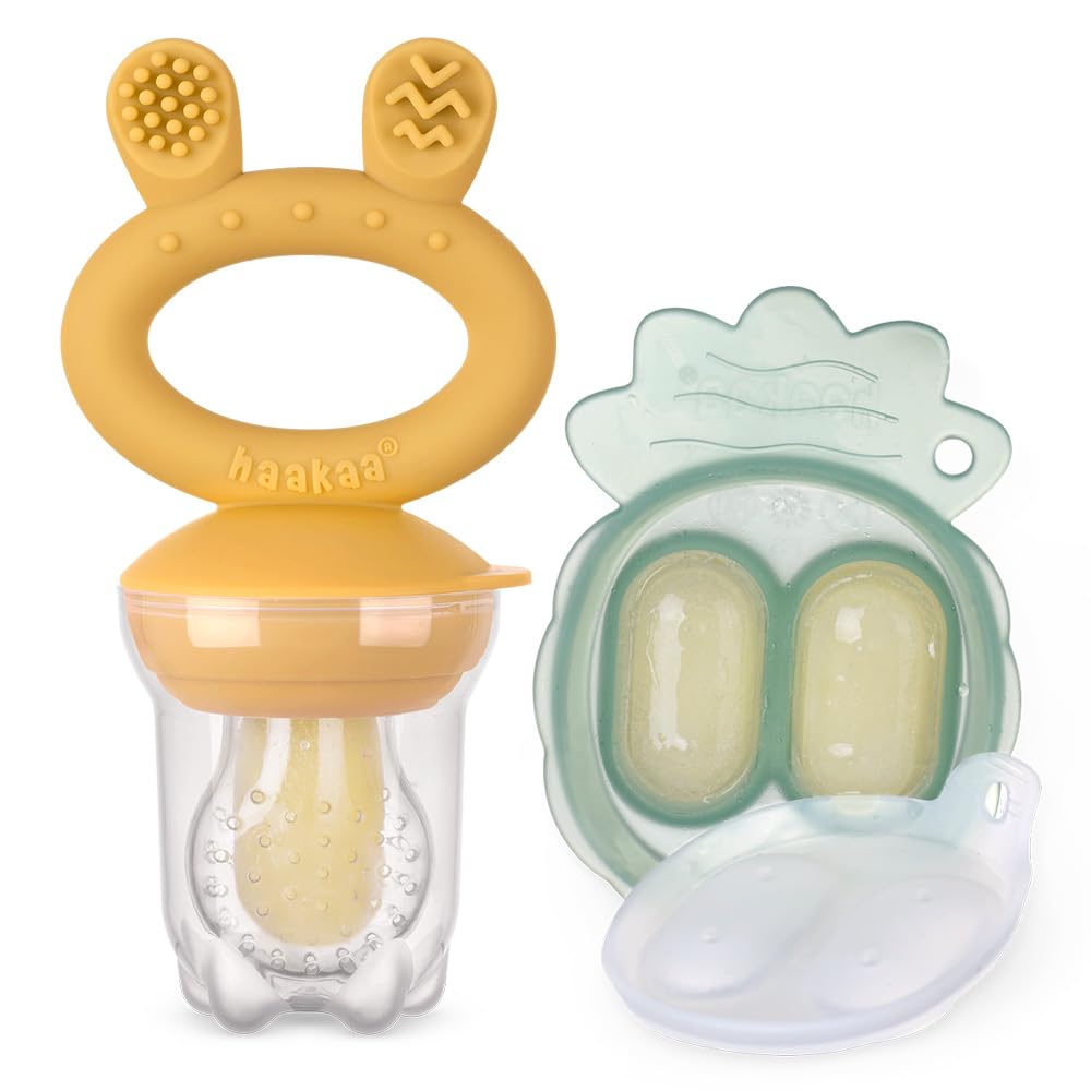Haakaa Freeze-N-Feed Mini Combo with Silicone Food Feeder & Silicone Mini Nibble Feeder + Pea Green Tray Mustard Age- 3 Months & Above