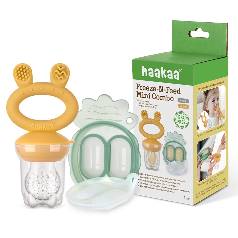 Haakaa Freeze-N-Feed Mini Combo with Silicone Food Feeder & Silicone Mini Nibble Feeder + Pea Green Tray Mustard Age- 3 Months & Above