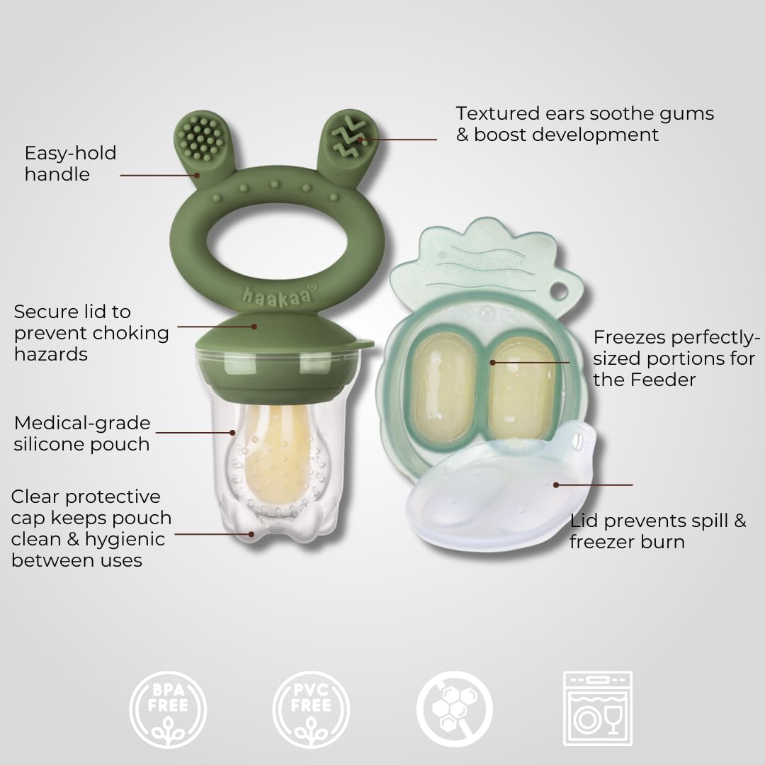 Haakaa Freeze-N-Feed Mini Combo with Silicone Food Feeder & Silicone Mini Nibble Feeder + Pea Green Tray Olive Age- 3 Months & Above