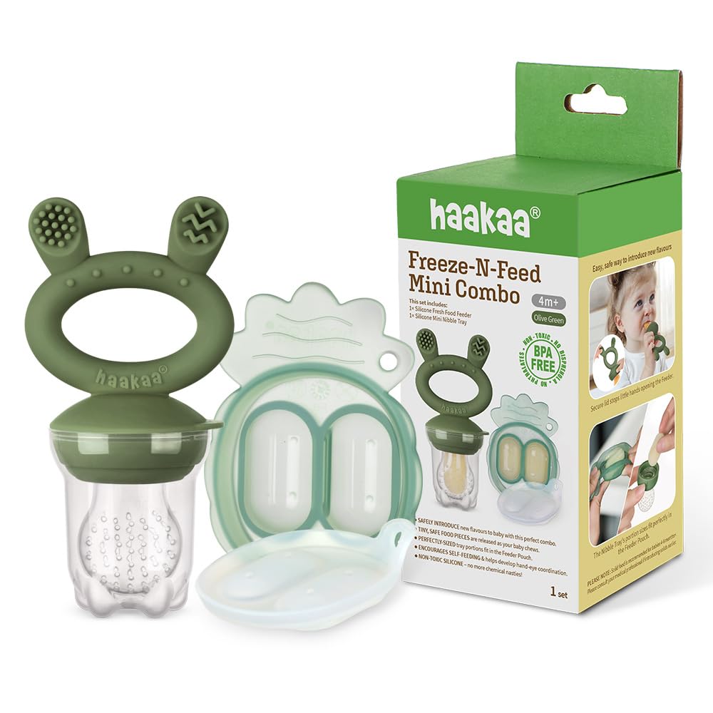 Haakaa Freeze-N-Feed Mini Combo with Silicone Food Feeder & Silicone Mini Nibble Feeder + Pea Green Tray Olive Age- 3 Months & Above