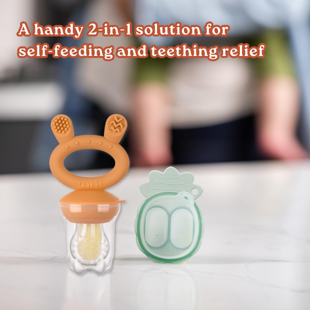 Haakaa Freeze-N-Feed Mini Combo with Silicone Food Feeder & Silicone Mini Nibble Feeder + Pea Green Tray Pumpkin Age- 3 Months & Above