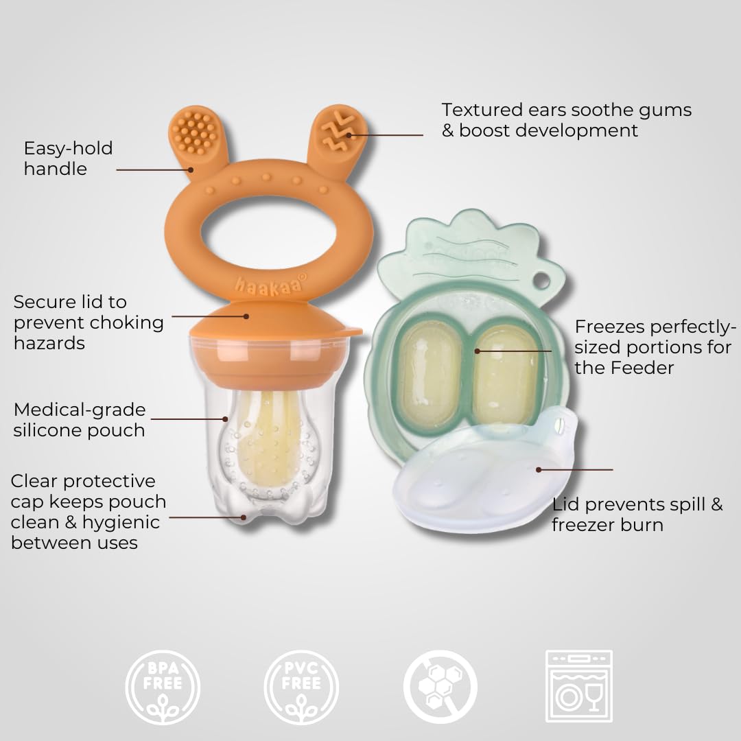 Haakaa Freeze-N-Feed Mini Combo with Silicone Food Feeder & Silicone Mini Nibble Feeder + Pea Green Tray Pumpkin Age- 3 Months & Above