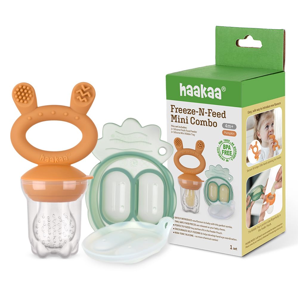 Haakaa Freeze-N-Feed Mini Combo with Silicone Food Feeder & Silicone Mini Nibble Feeder + Pea Green Tray Pumpkin Age- 3 Months & Above