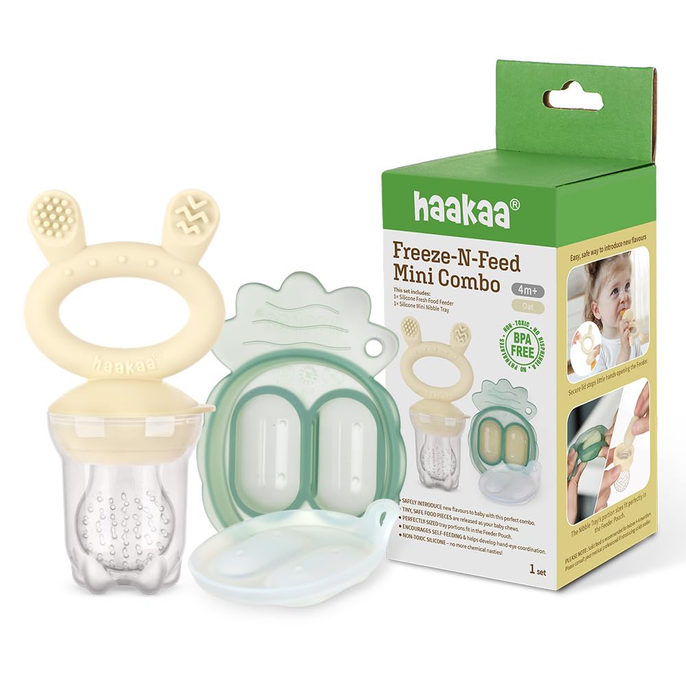 Haakaa Freeze-N-Feed Mini Combo with Silicone Food Feeder & Silicone Mini Nibble Feeder + Pea Green Tray Oat Age- 3 Months & Above