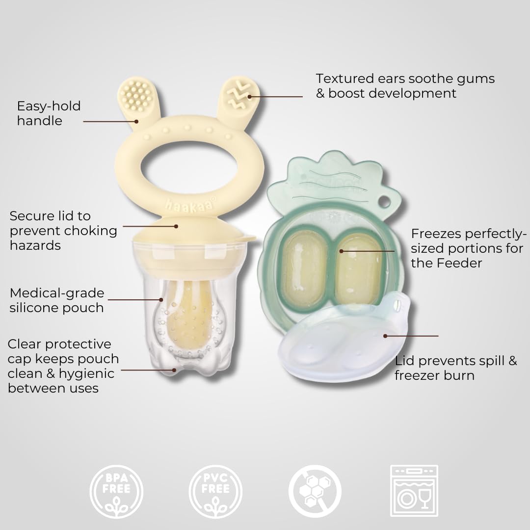 Haakaa Freeze-N-Feed Mini Combo with Silicone Food Feeder & Silicone Mini Nibble Feeder + Pea Green Tray Oat Age- 3 Months & Above