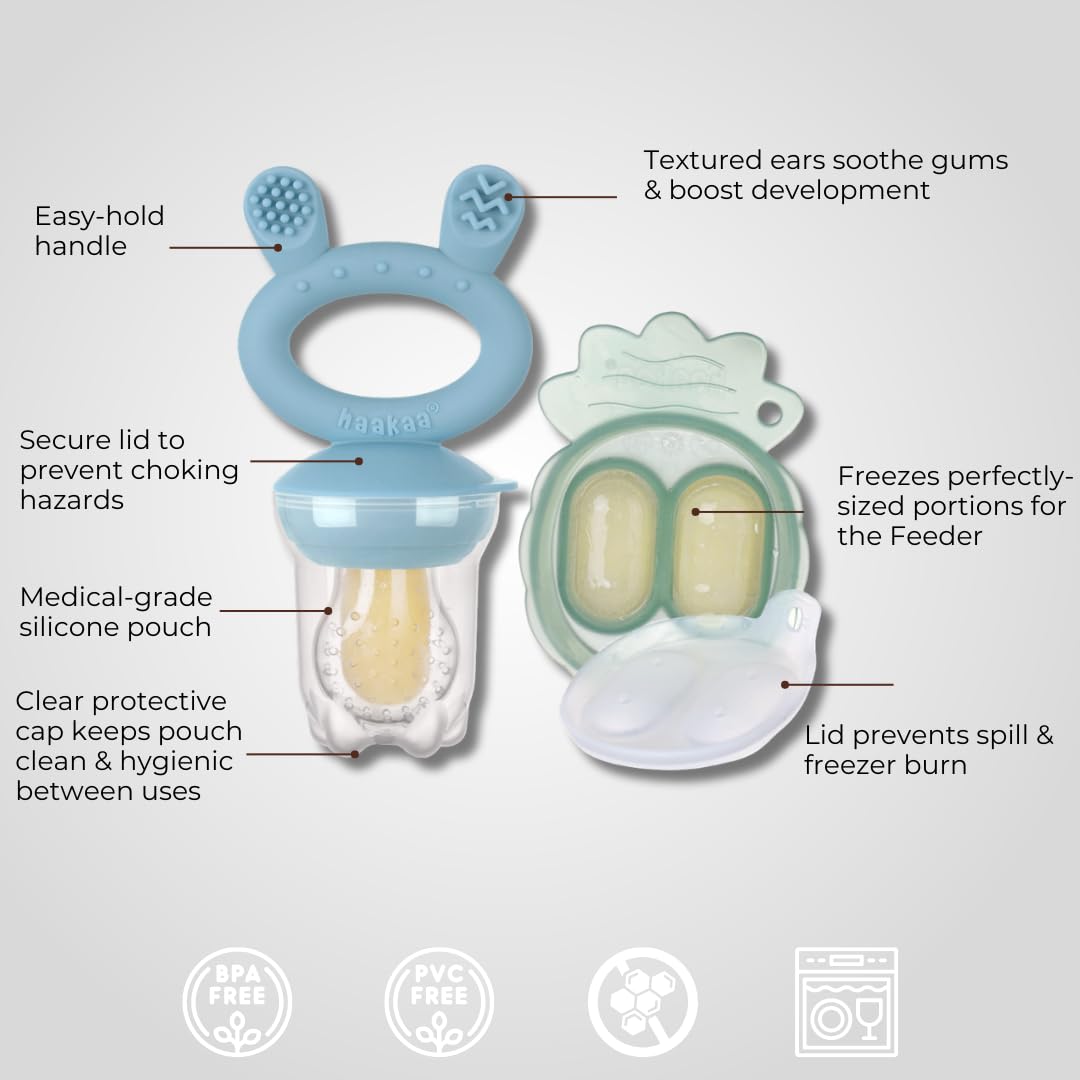 Haakaa Freeze-N-Feed Mini Combo with Silicone Food Feeder & Silicone Mini Nibble Feeder + Pea Green Tray Sky Blue  Age- 3 Months & Above
