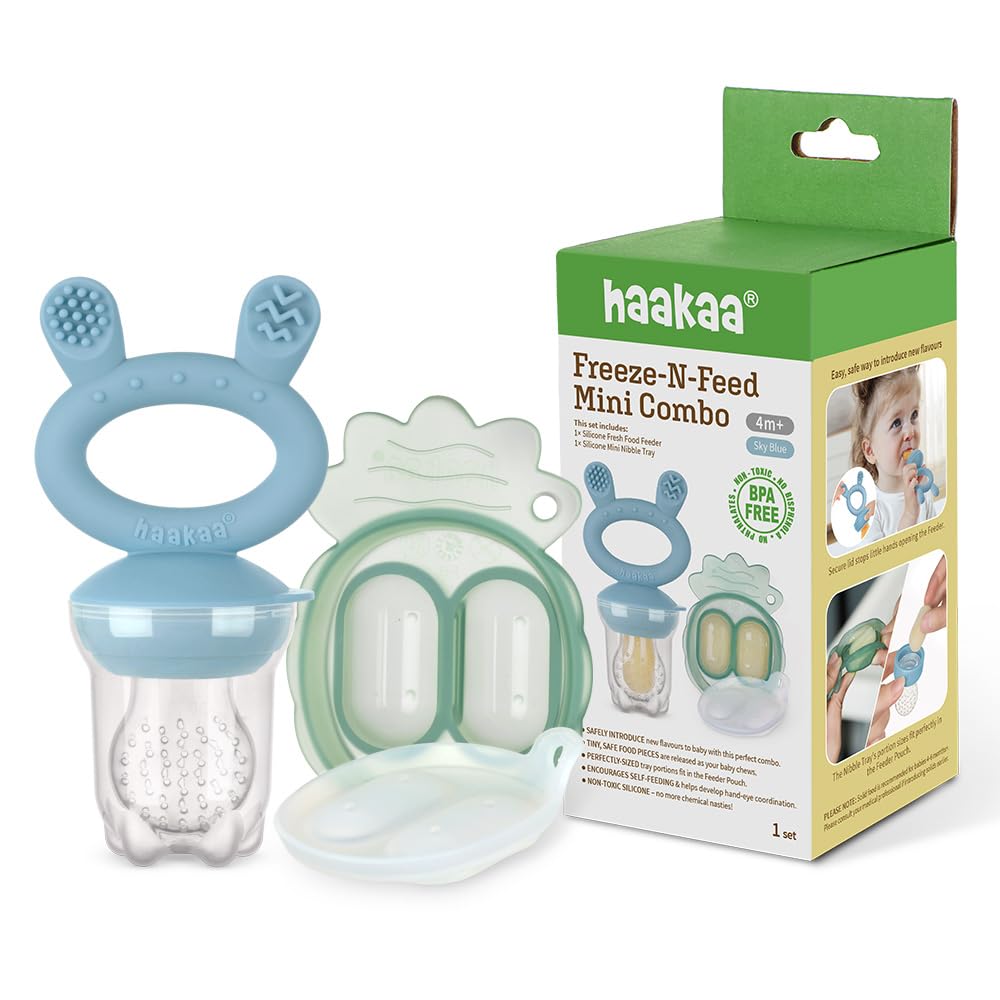 Haakaa Freeze-N-Feed Mini Combo with Silicone Food Feeder & Silicone Mini Nibble Feeder + Pea Green Tray Sky Blue  Age- 3 Months & Above